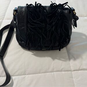 Fossil genuine leatherBlack Fringe Crossbody Bag with Adjustable Strap